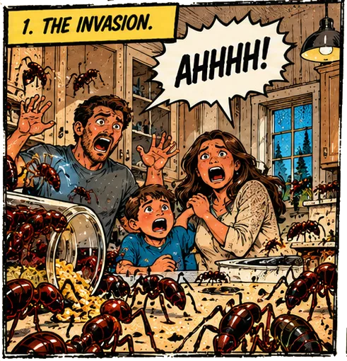 Panel 1, The Invasion: ants pour out of a spilled jar across the kitchen while a family screams, "AHHHH!"