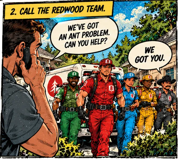 Panel 2, Call the Redwood Team: a homeowner on the phone says, "We've got an ant problem. Can you help?" The Redwood Team walks up from their truck: "We got you."