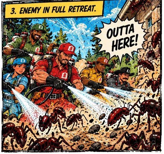 Panel 3, Enemy in Full Retreat: the team sprays back a wave of ants, which flee yelling, "Outta here!"