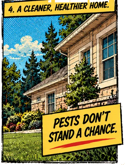 Panel 4, A Cleaner, Healthier Home: the house stands pest-free on a sunny day. Pests don't stand a chance.
