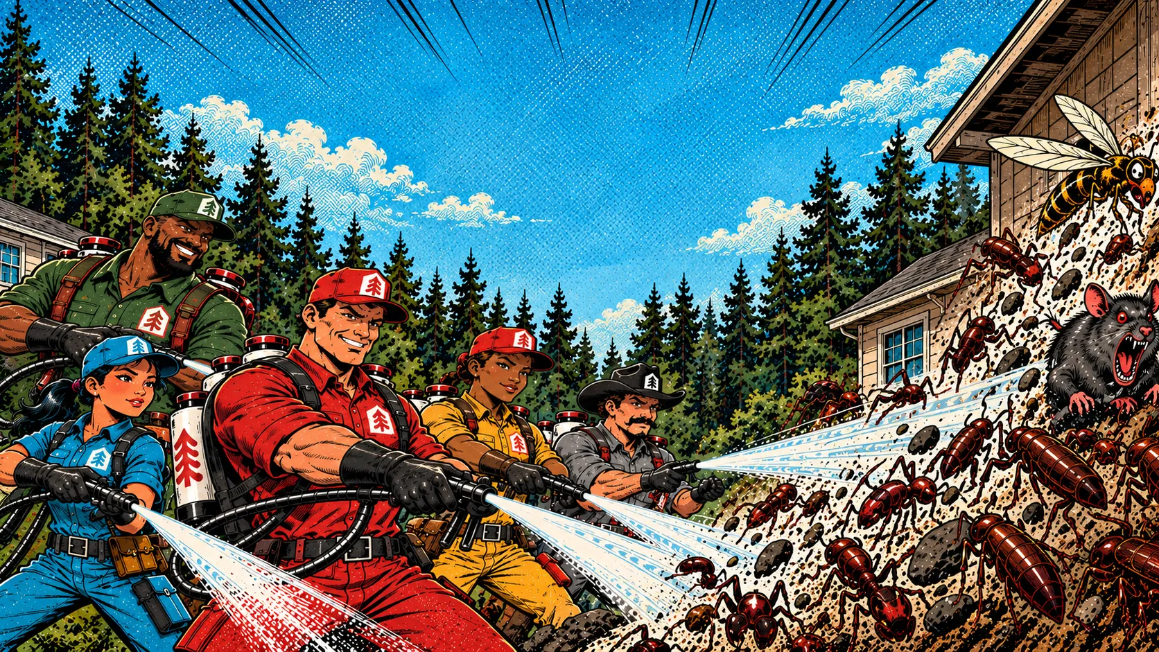 The Redwood Team spraying back a swarm of cartoon pests outside a home