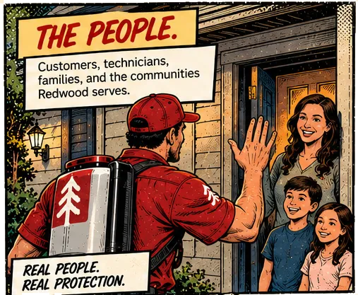 The People. Customers, technicians, families, and the communities Redwood serves. Real people. Real protection.