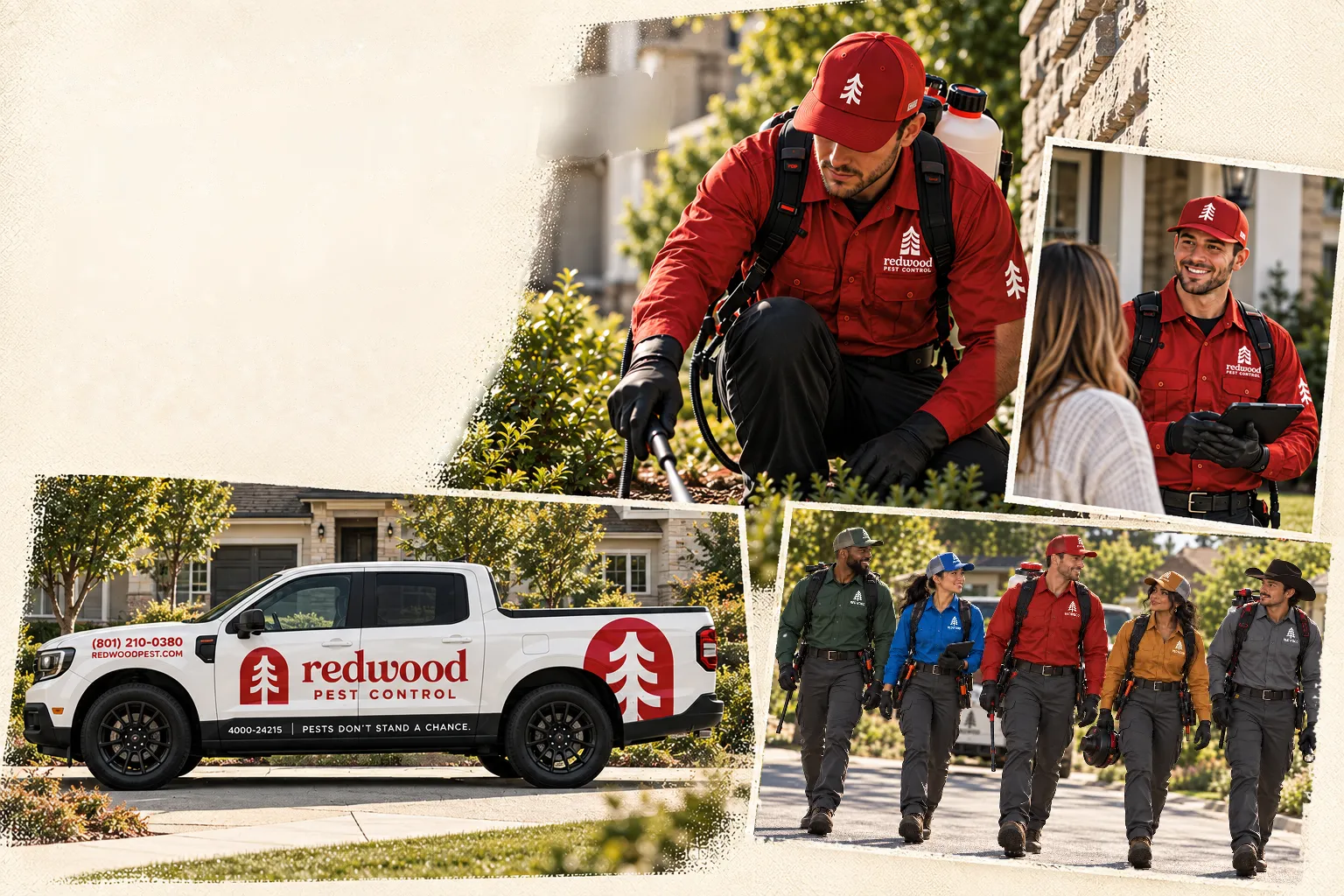 Redwood technicians at work: treating a yard, talking with a homeowner, a Redwood truck, and five technicians walking down a neighborhood street