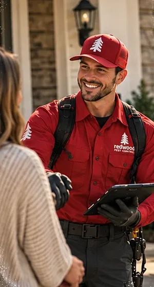 A Redwood technician smiling as he talks a homeowner through the plan on a tablet