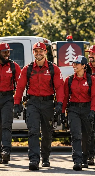 Four Redwood technicians walking up from their trucks