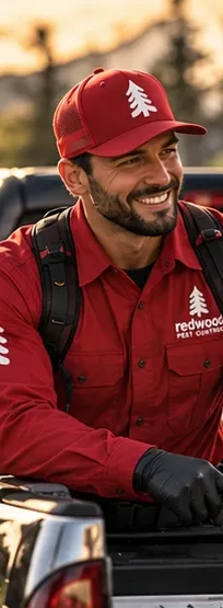 A smiling Redwood technician unloading equipment from his truck